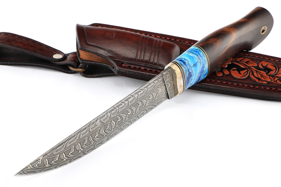 Эксклюзивный нож Стрела (дамаск торцевой, рукоять зуб мамонта, айронвуд) формованные ножны