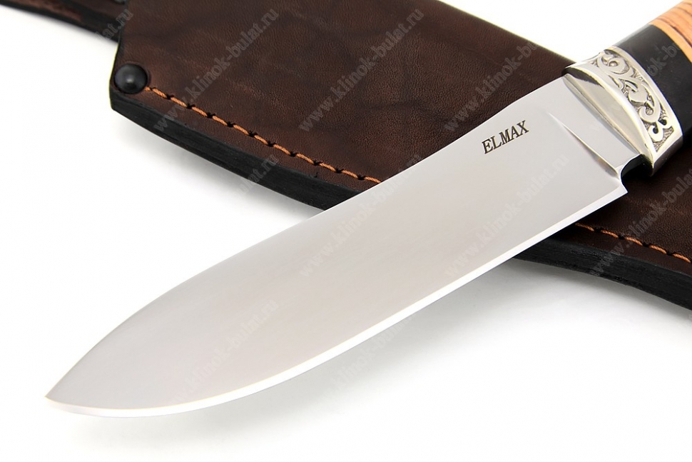 Нож Сафари (порошковая сталь Elmax, рукоять береста, больстер мельхиор)