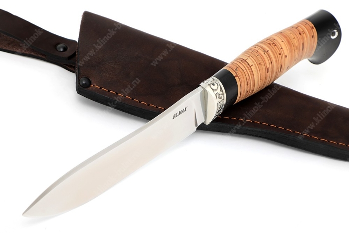 Нож Сафари (порошковая сталь Elmax, рукоять береста, больстер мельхиор)