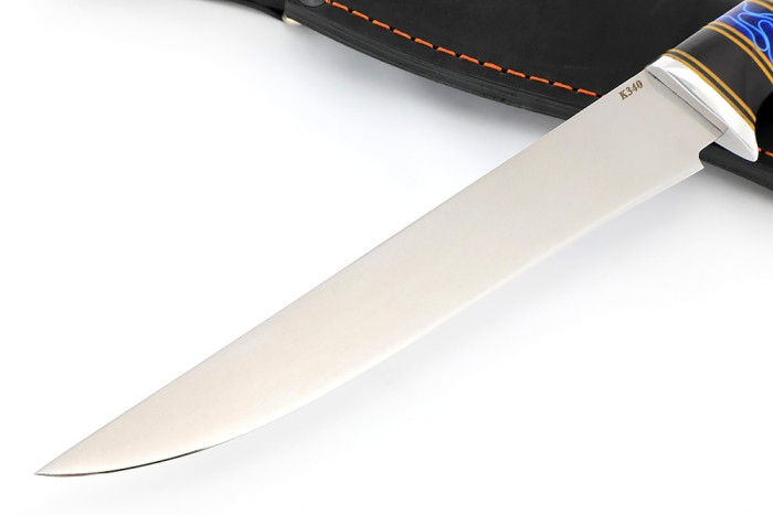 Нож Филейный средний К340 stone wash наборнная рукоять чёрный граб синий акрил фибра