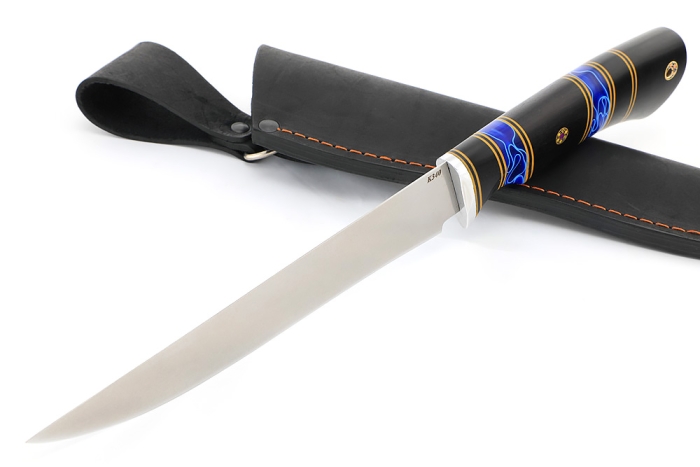 Нож Филейный средний К340 stone wash наборнная рукоять чёрный граб синий акрил фибра