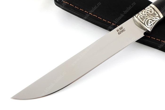 Нож Зубатка (порошковая сталь М390, чёрный граб, вставка падук, фибра, притин мельхиор)