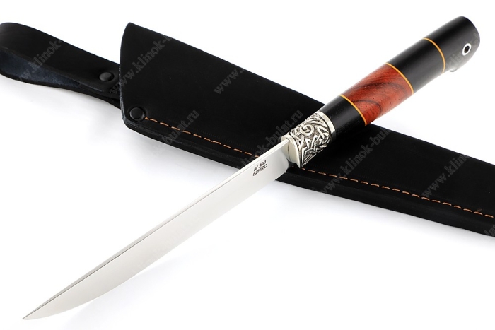 Нож Зубатка (порошковая сталь М390, чёрный граб, вставка падук, фибра, притин мельхиор)