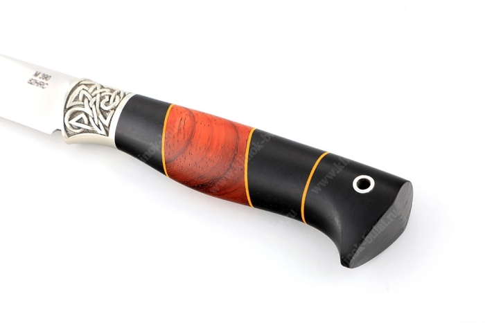 Нож Зубатка (порошковая сталь М390, чёрный граб, вставка падук, фибра, притин мельхиор)