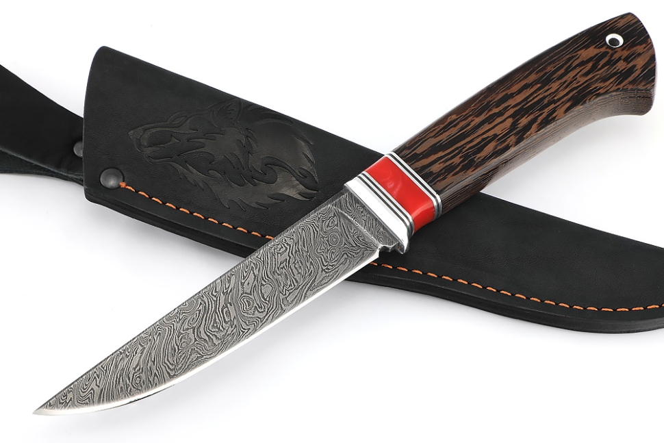 Нож Старатель, дамаск рукоять вставка акрил красный, венге