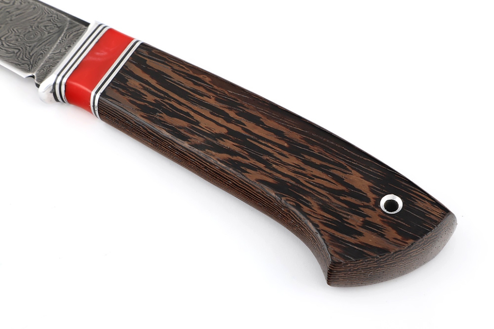 Нож Старатель, дамаск рукоять вставка акрил красный, венге
