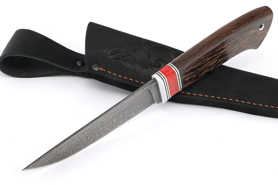 Нож Старатель, дамаск рукоять вставка акрил красный, венге