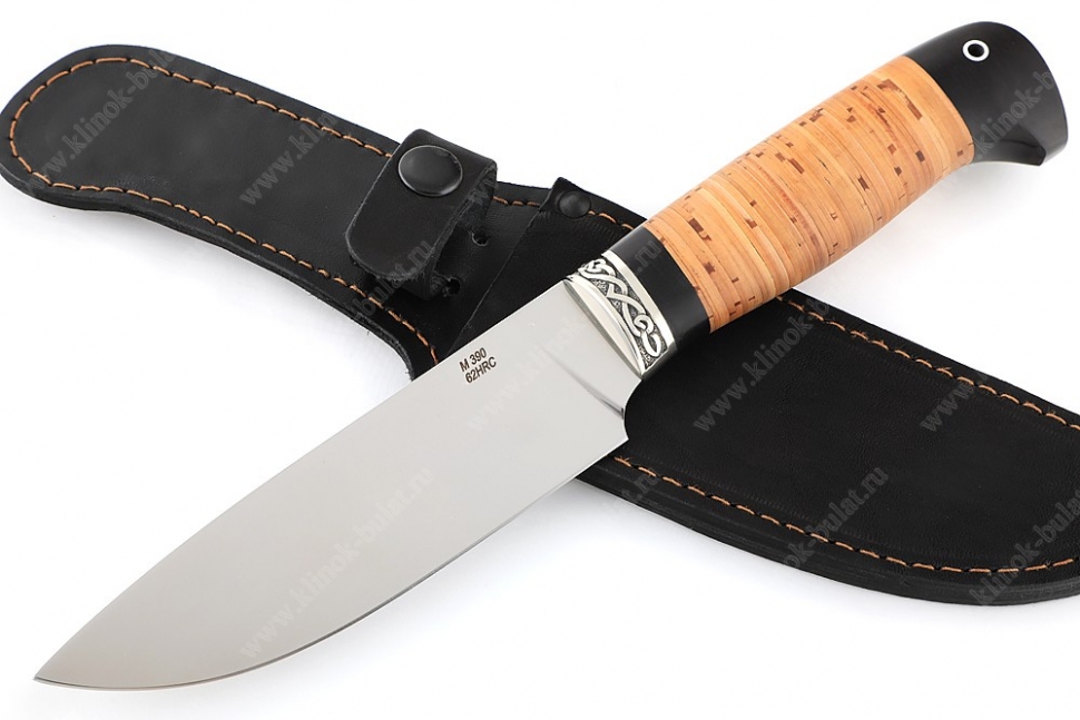 Нож Глухарь (порошковая сталь М390, береста, гарда мельхиор)