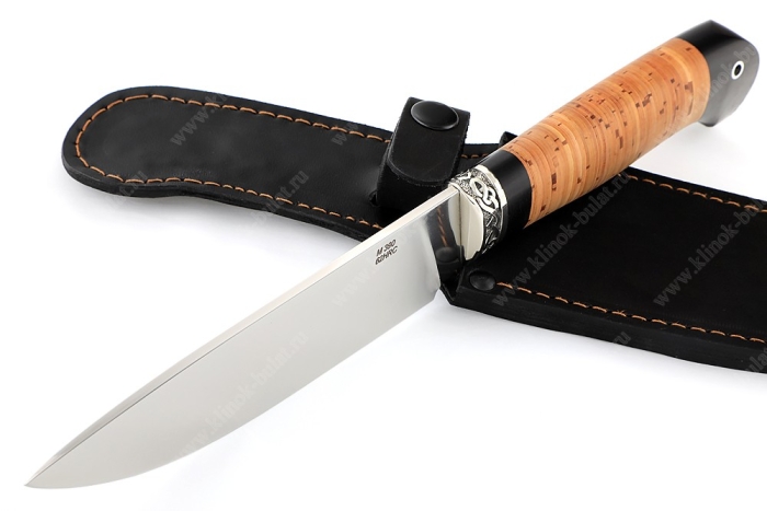 Нож Глухарь (порошковая сталь М390, береста, гарда мельхиор)