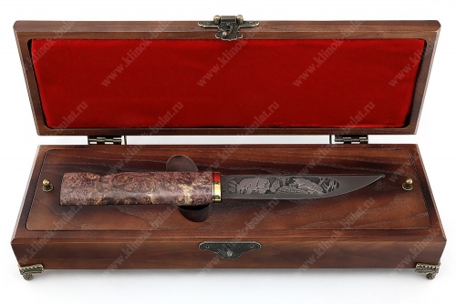 Нож Якутский малый №2 (булат,резьба по клинку, рукоять стабилизированный кап клёна) футляр с отсеком для ножен