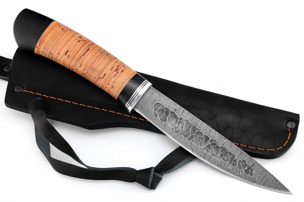 Нож Северный №5 (дамаск, кованый дол, береста)