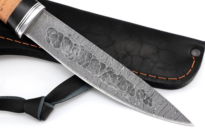 Нож Северный №5 (дамаск, кованый дол, береста)