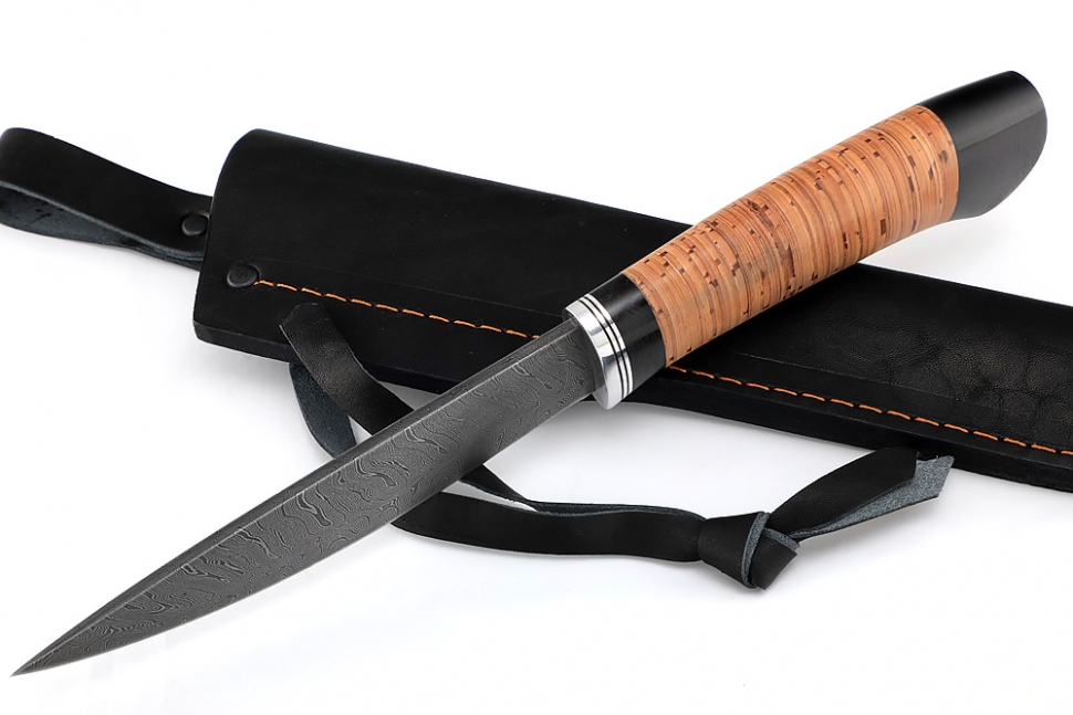 Нож Северный №5 (дамаск, кованый дол, береста)