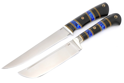 Набор из 2 ножей: Филейный средний и нож Узбек-2 (К340 stone wash, наборная рукоять акрил синий, черный граб)