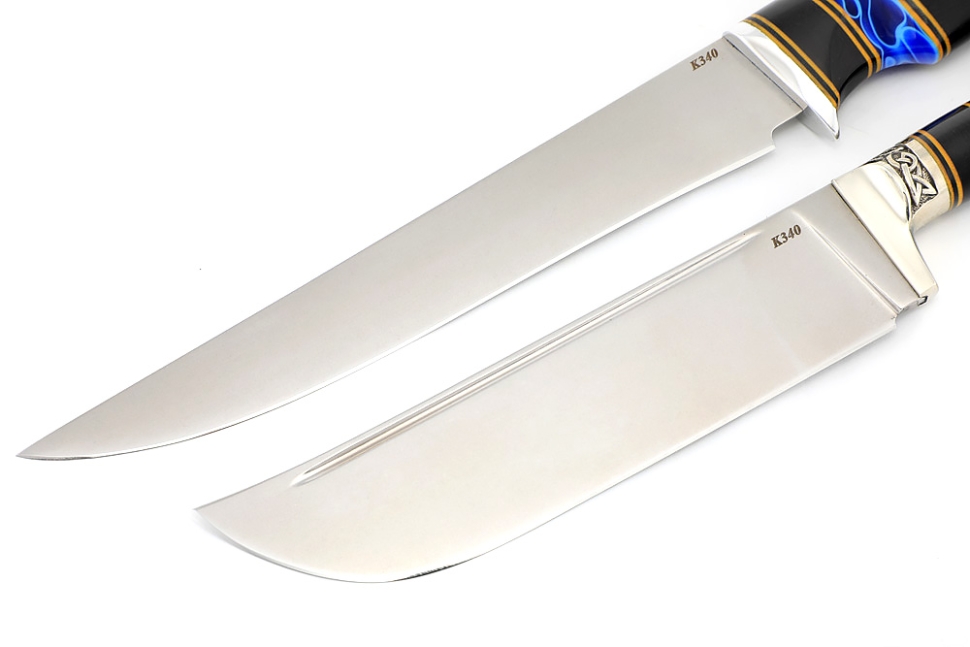 Набор из 2 ножей: Филейный средний и нож Узбек-2 (К340 stone wash, наборная рукоять акрил синий, черный граб)