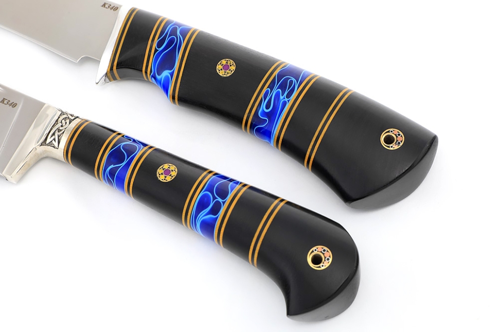 Набор из 2 ножей: Филейный средний и нож Узбек-2 (К340 stone wash, наборная рукоять акрил синий, черный граб)