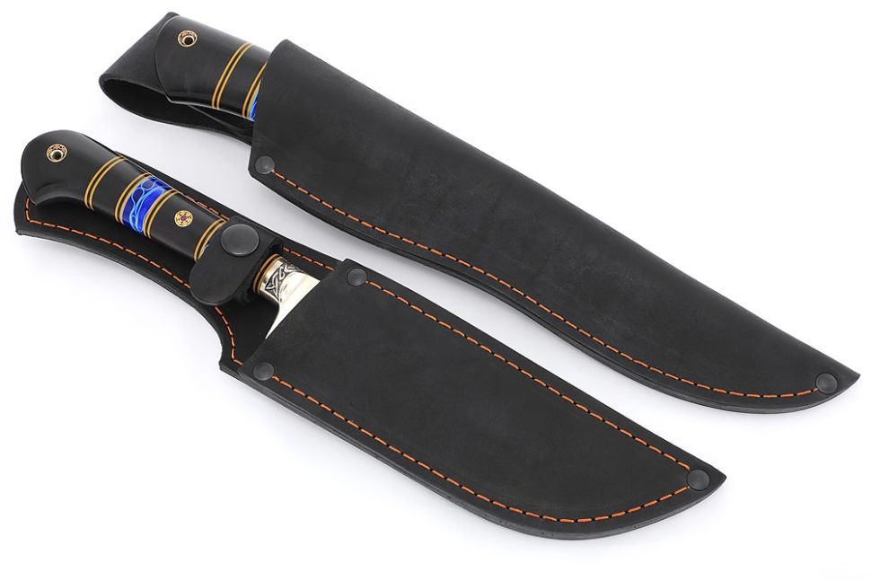 Набор из 2 ножей: Филейный средний и нож Узбек-2 (К340 stone wash, наборная рукоять акрил синий, черный граб)