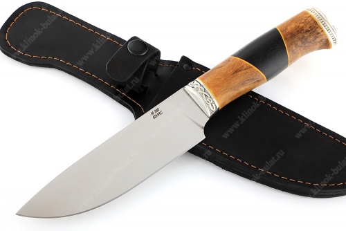 Нож Глухарь (порошковая сталь М390, рукоять стабилизированная карельская берёза, проставка чёрный граб, мельхиор)