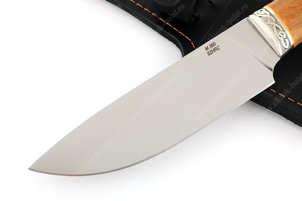 Нож Глухарь (порошковая сталь М390, рукоять стабилизированная карельская берёза, проставка чёрный граб, мельхиор)