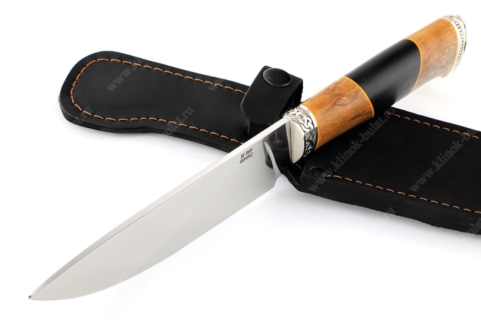 Нож Глухарь (порошковая сталь М390, рукоять стабилизированная карельская берёза, проставка чёрный граб, мельхиор)