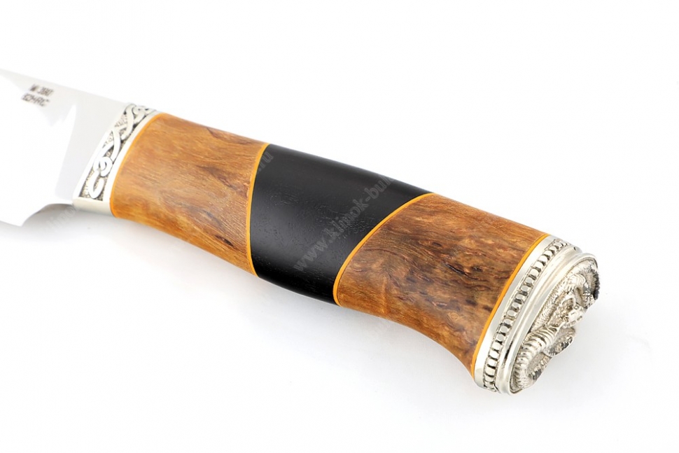 Нож Глухарь (порошковая сталь М390, рукоять стабилизированная карельская берёза, проставка чёрный граб, мельхиор)