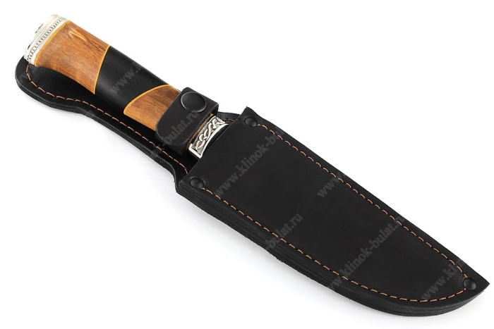 Нож Глухарь (порошковая сталь М390, рукоять стабилизированная карельская берёза, проставка чёрный граб, мельхиор)