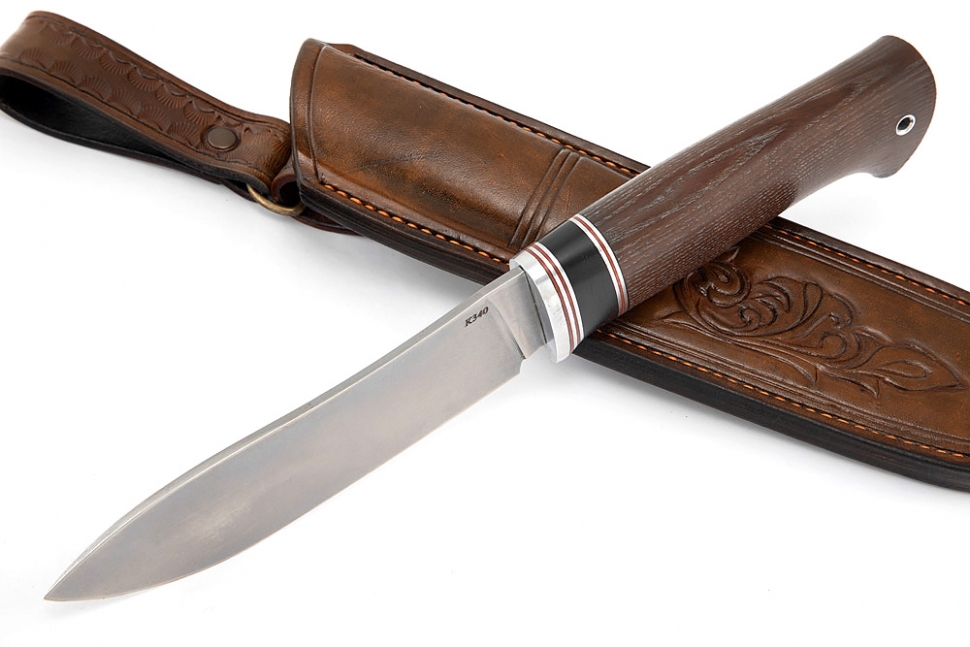 Нож Сафари (К340, рукоять термоциклированный ясень, вставка чёрный граб) формованные ножны