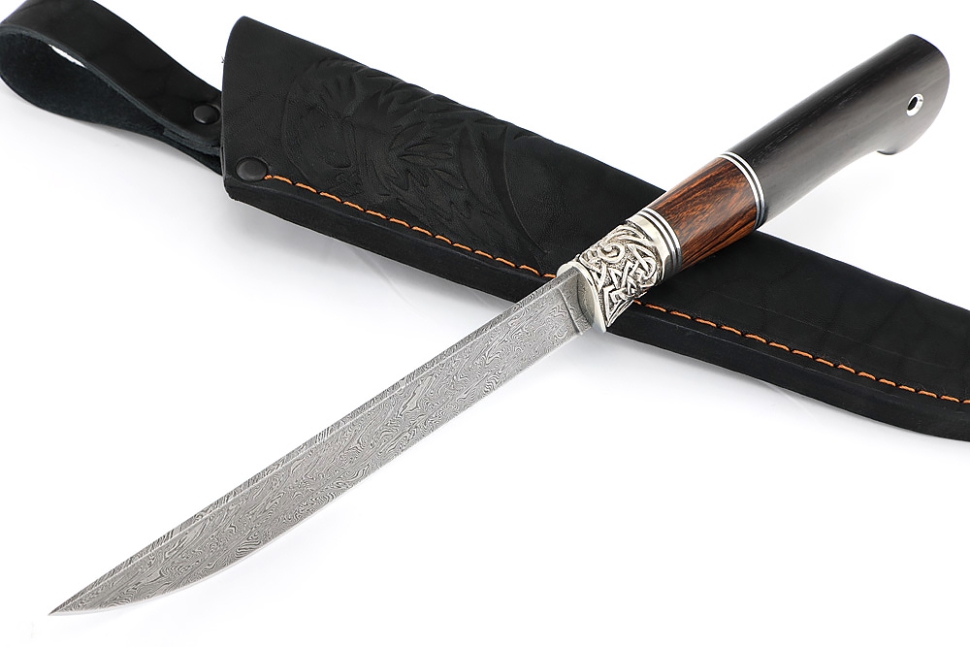 Нож Зубатка (дамаск, мельхиор, железное дерево, чёрный граб)