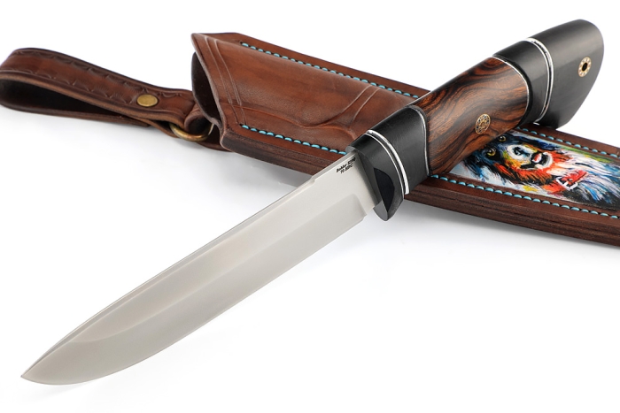 Нож Скат (S390, гарда карбон, айронвуд, чёрный граб, мозаичные пины) формованные ножны