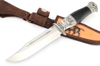 Нож Атака (порошковая сталь ELMAX, клык моржа (скримшоу), чёрный граб - мельхиор) формованные ножны