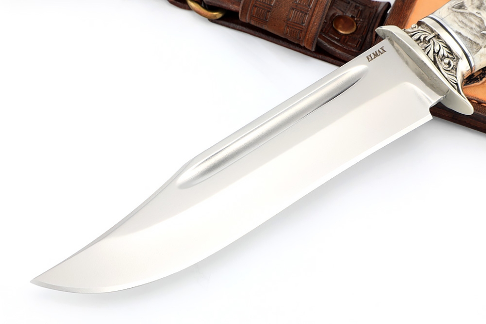 Нож Атака (порошковая сталь ELMAX, клык моржа (скримшоу), чёрный граб - мельхиор) формованные ножны