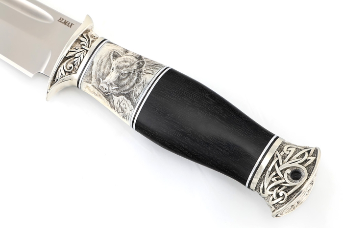 Нож Атака (порошковая сталь ELMAX, клык моржа (скримшоу), чёрный граб - мельхиор) формованные ножны