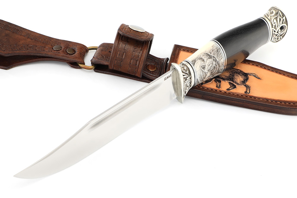 Нож Атака (порошковая сталь ELMAX, клык моржа (скримшоу), чёрный граб - мельхиор) формованные ножны