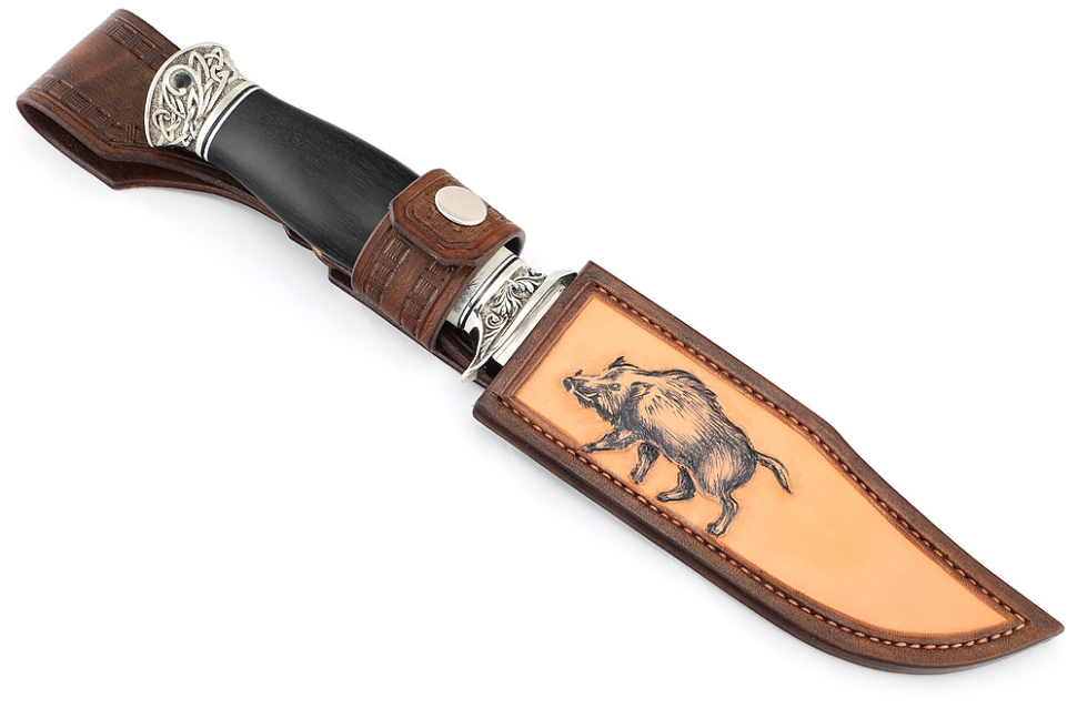 Нож Атака (порошковая сталь ELMAX, клык моржа (скримшоу), чёрный граб - мельхиор) формованные ножны