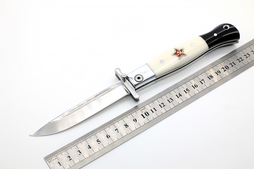 Складной нож Финка НКВД со штифтом открывания сталь х12МФ рукоять белый и чёрный акрил с красной звездой