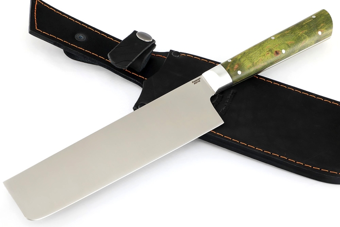 Овощной топорик Накири (95х18 - сатин, рукоять дюраль - зелёная карельская берёза) цельнометаллический