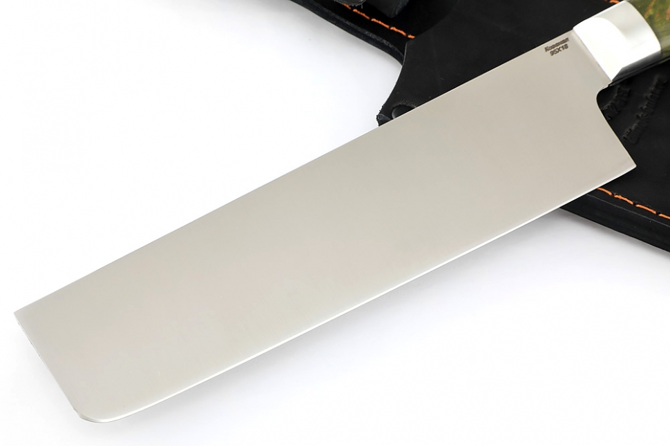 Овощной топорик Накири (95х18 - сатин, рукоять дюраль - зелёная карельская берёза) цельнометаллический