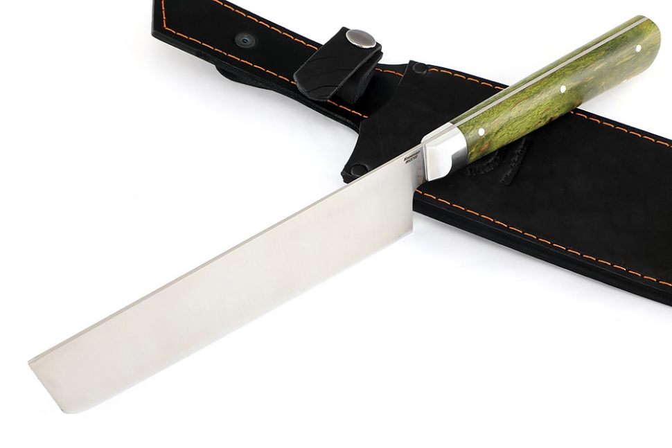 Овощной топорик Накири (95х18 - сатин, рукоять дюраль - зелёная карельская берёза) цельнометаллический