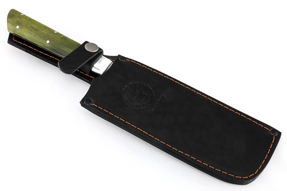 Овощной топорик Накири (95х18 - сатин, рукоять дюраль - зелёная карельская берёза) цельнометаллический