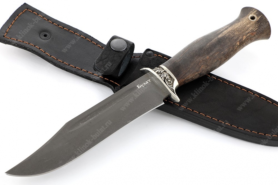 Нож Атака (булат, стабилизированная карельская берёза коричневая, гарда мельхиор, мозаичная втулка под темляк)
