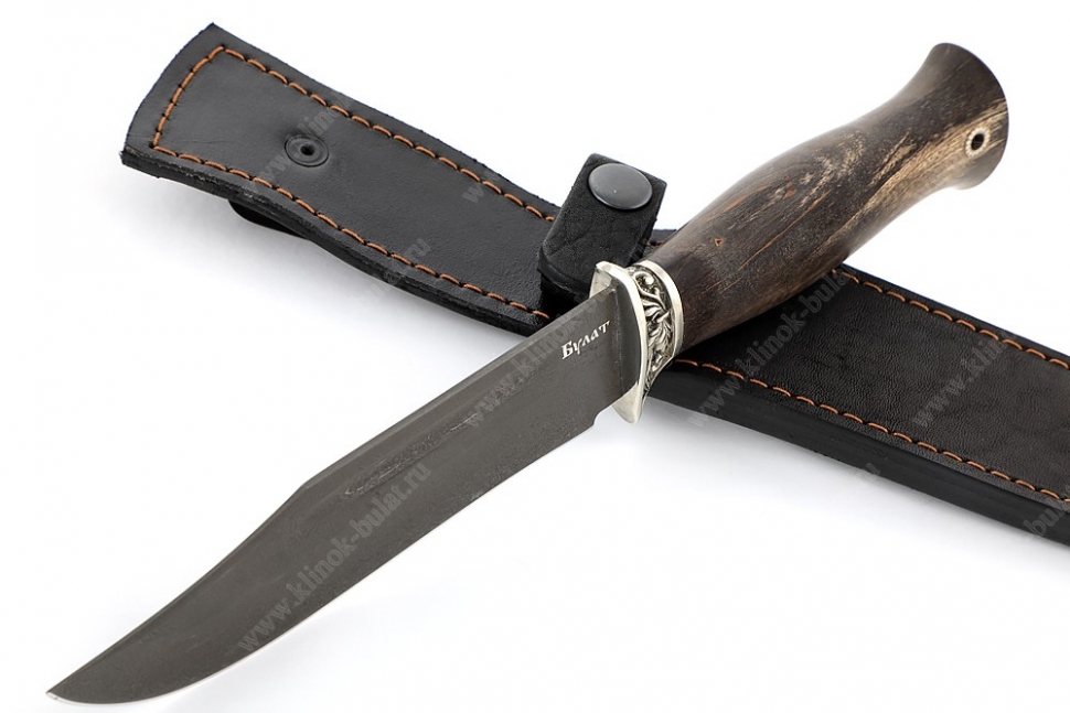 Нож Атака (булат, стабилизированная карельская берёза коричневая, гарда мельхиор, мозаичная втулка под темляк)