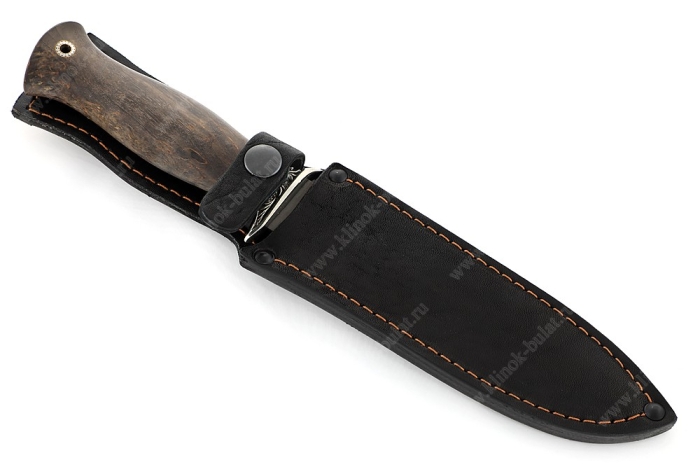 Нож Атака (булат, стабилизированная карельская берёза коричневая, гарда мельхиор, мозаичная втулка под темляк) 