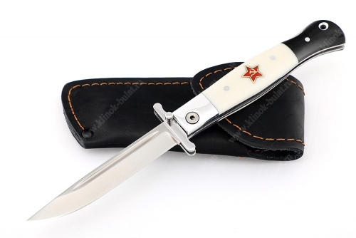 Складной нож Финка НКВД со штифтом открывания порошковая сталь Elmax рукоять белый и чёрный акрил с красной звездой