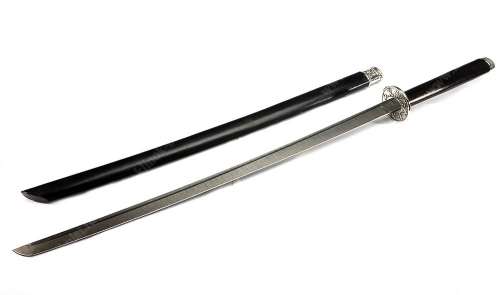 Сувенирный нож Катана (дамаск, рукоять чёрный граб, мельхиор, ножны деревяные перетянутые кожей)