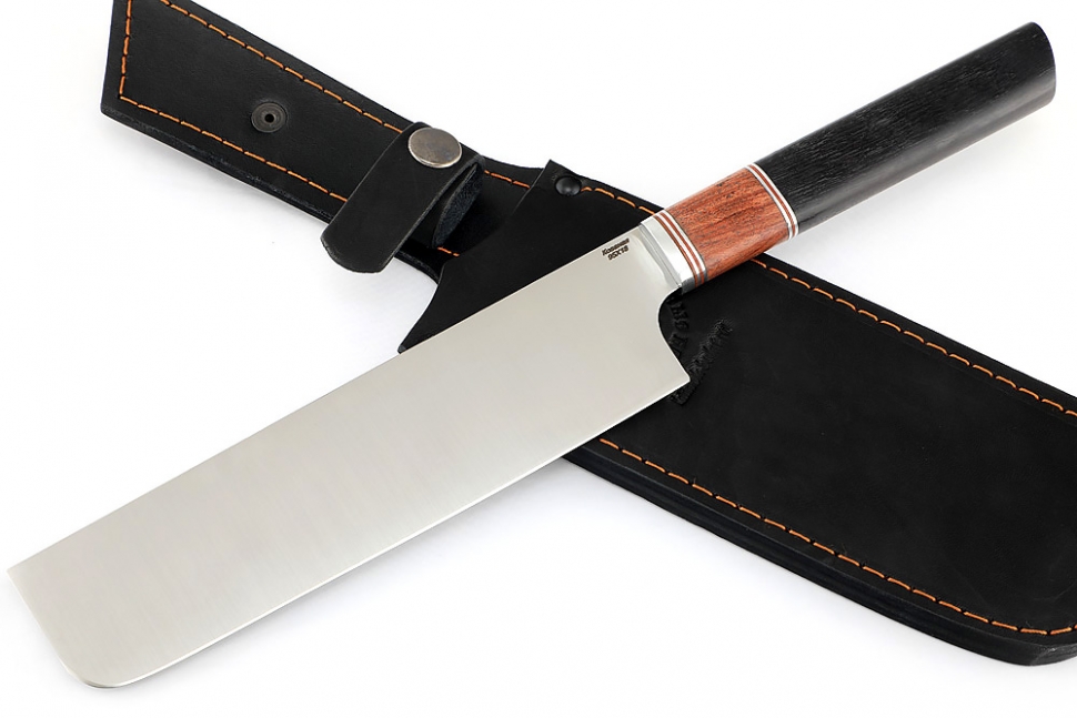 Овощной топорик Накири (95х18 - сатин, рукоять наборная бубинга, фибра, чёрный граб)