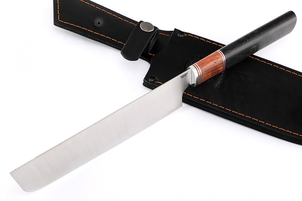 Овощной топорик Накири (95х18 - сатин, рукоять наборная бубинга, фибра, чёрный граб)