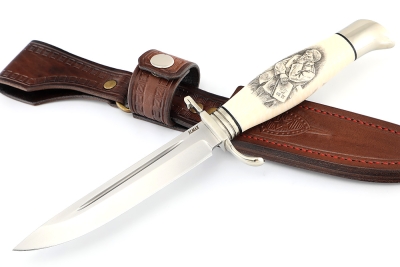 Финка НКВД порошковая сталь Elmax, рукоять элфорин (скримшоу) - литьё, формованные ножны