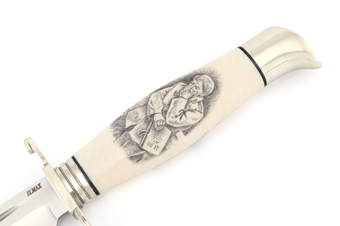 Финка НКВД порошковая сталь Elmax, рукоять элфорин (скримшоу) - литьё, формованные ножны