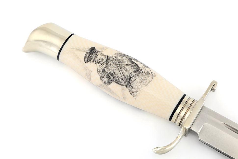 Финка НКВД порошковая сталь Elmax, рукоять элфорин (скримшоу) - литьё, формованные ножны