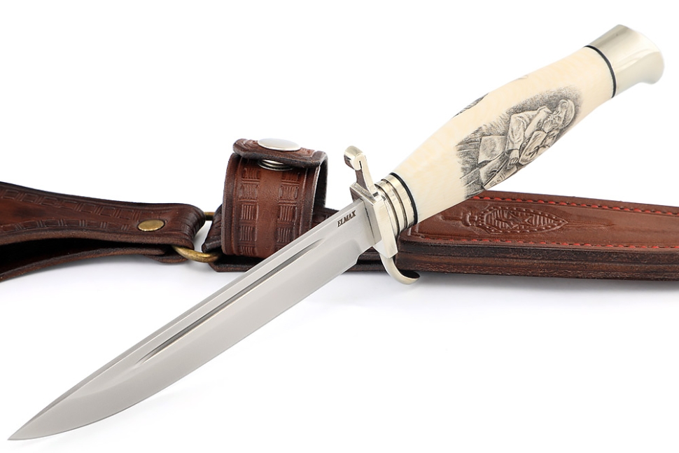 Финка НКВД порошковая сталь Elmax, рукоять элфорин (скримшоу) - литьё, формованные ножны